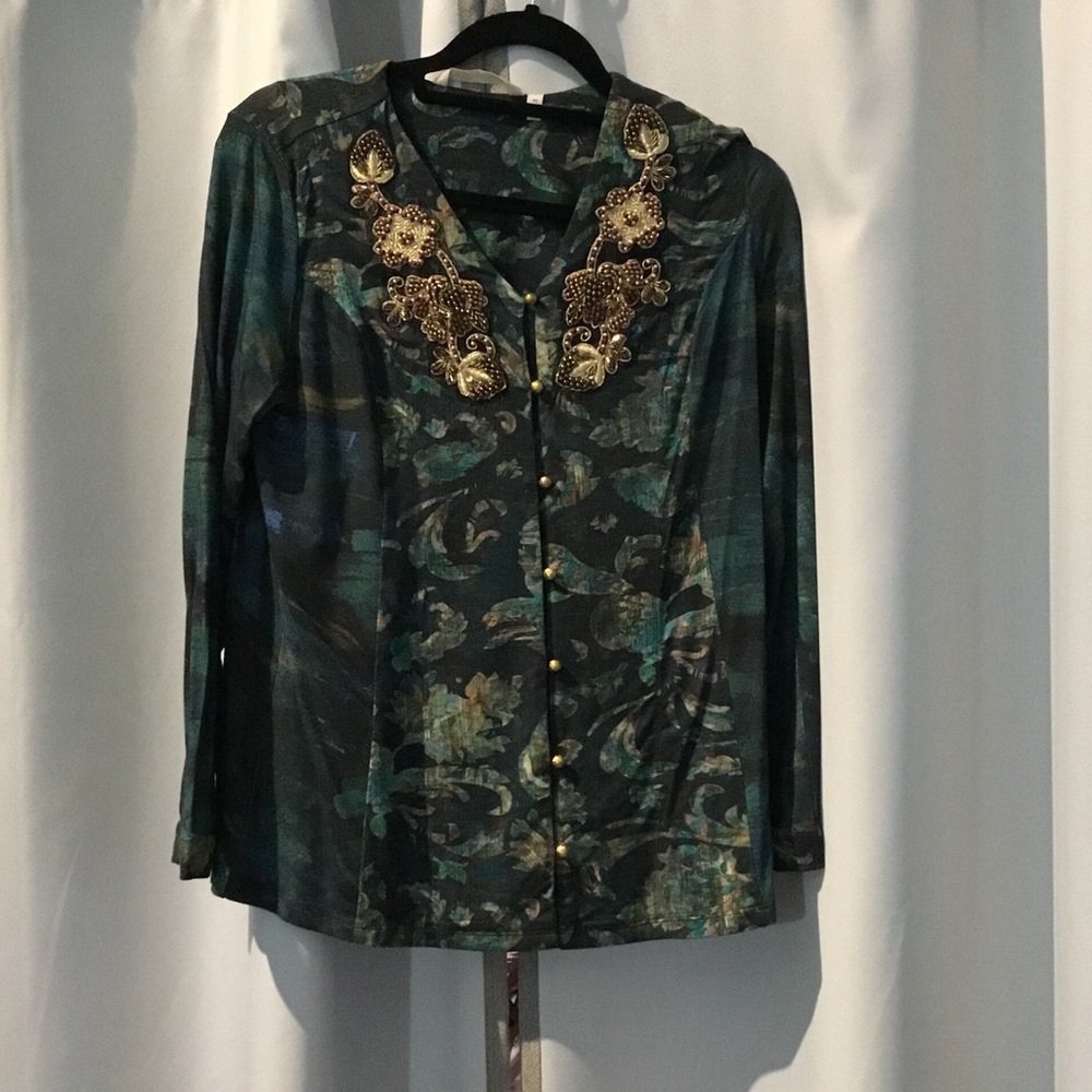 Soft Surroundings Teal and Gold Embellished Top